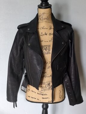 Cleobella Black Leather Cropped Moto Jacket Size L